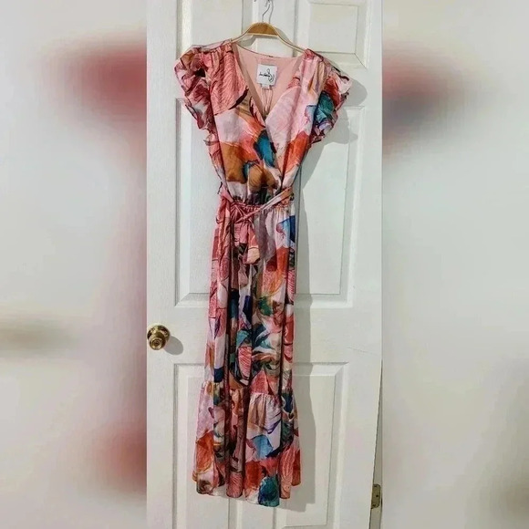 Sam Edelman Flora Printed Tie-Waist Faux-Wrap Flutter Sleeve Tiered Dress 14 NWT - Picture 4 of 8